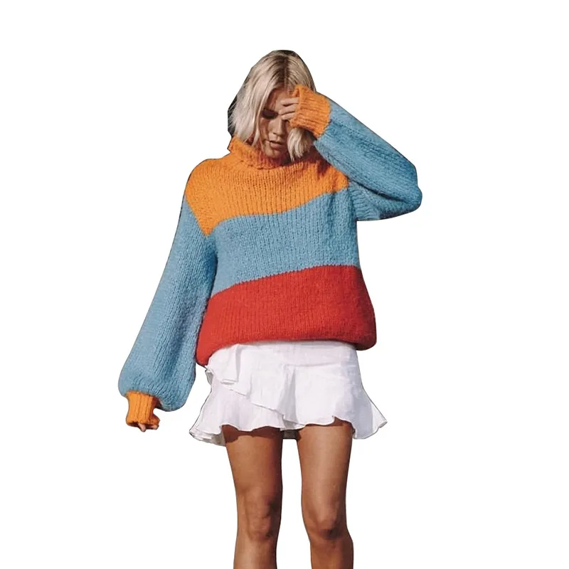 

high quality custom long sleeve high collar casual sweater women vertical stripe turtleneck plus size heavy jumper