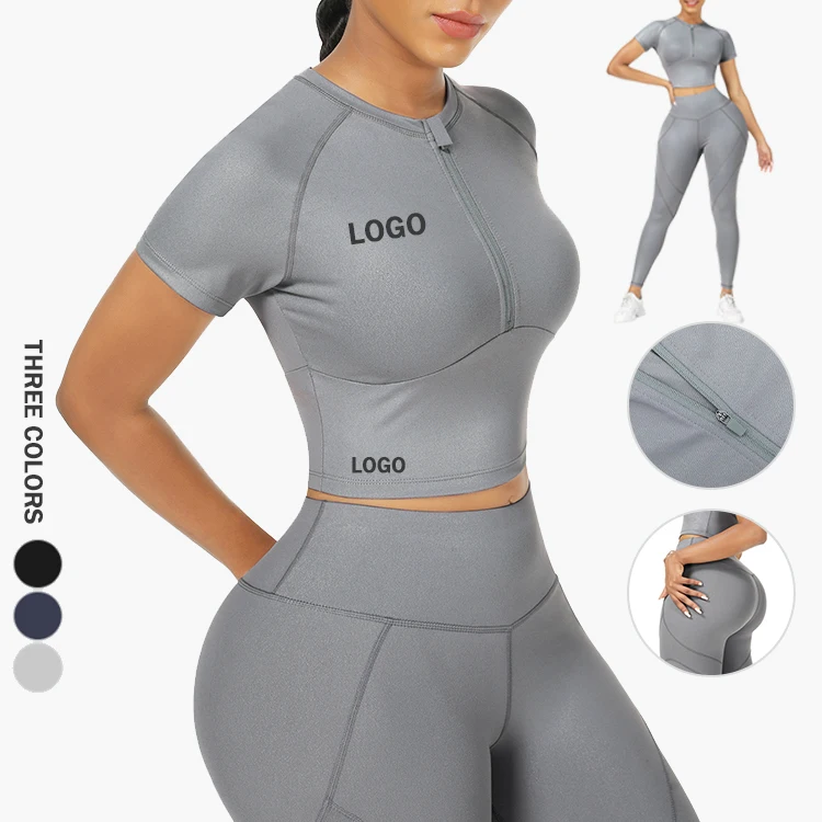

HEXIN Custom Logo Women Two Piece Activewear Half Zipper Short Sleeve Gym Crop Top Yoga Seamless Workout Sets, As show