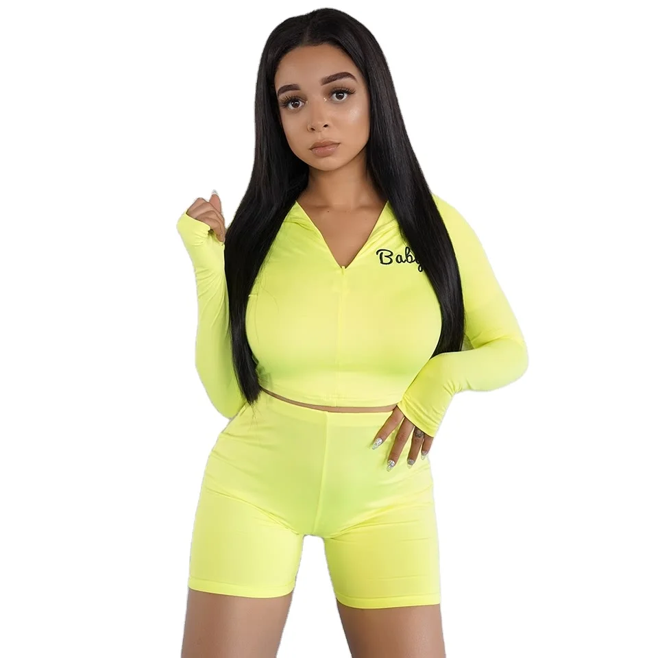 

Two Piece Women Summer Sexy Fluorescent yoga wear sport clothing sets Tank Zipper CropTop and Shorts Pant, Neon yellow