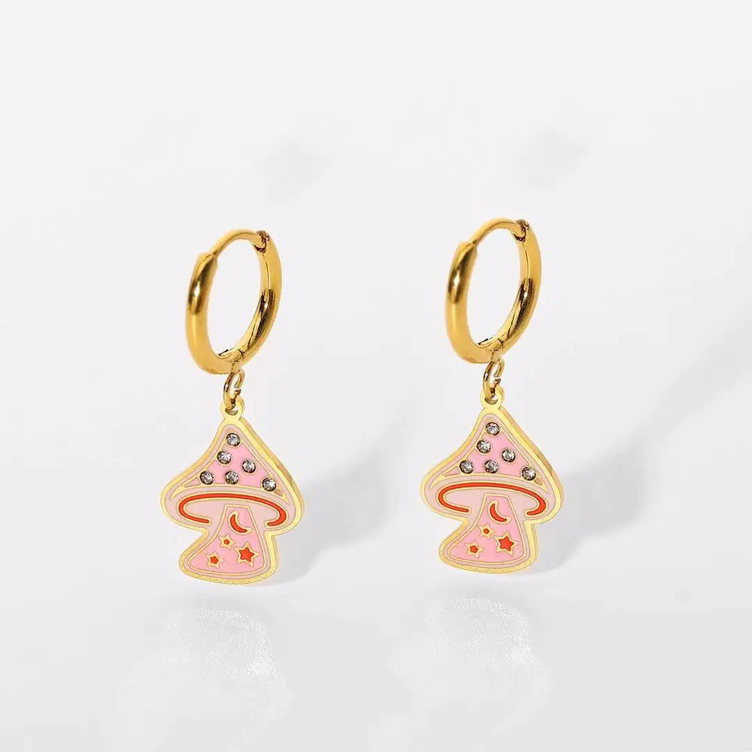 

Trendy 18k gold minimalist cute stainless steel huggie enamel drop oil mushroom earrings hot selling, Picture shows