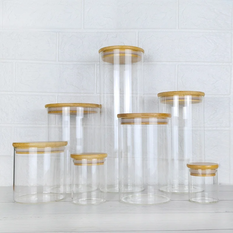 

Kitchen storage food container glass canister with bamboo lid, Transparent