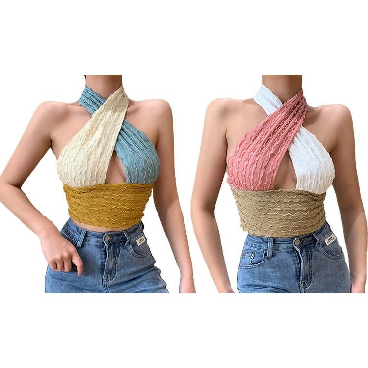 

Summer New Style V Neck Hollow-out Cross Halter Crop Tops Bandage Sexy Sleeveless Backless Vest Women's Tank Tops