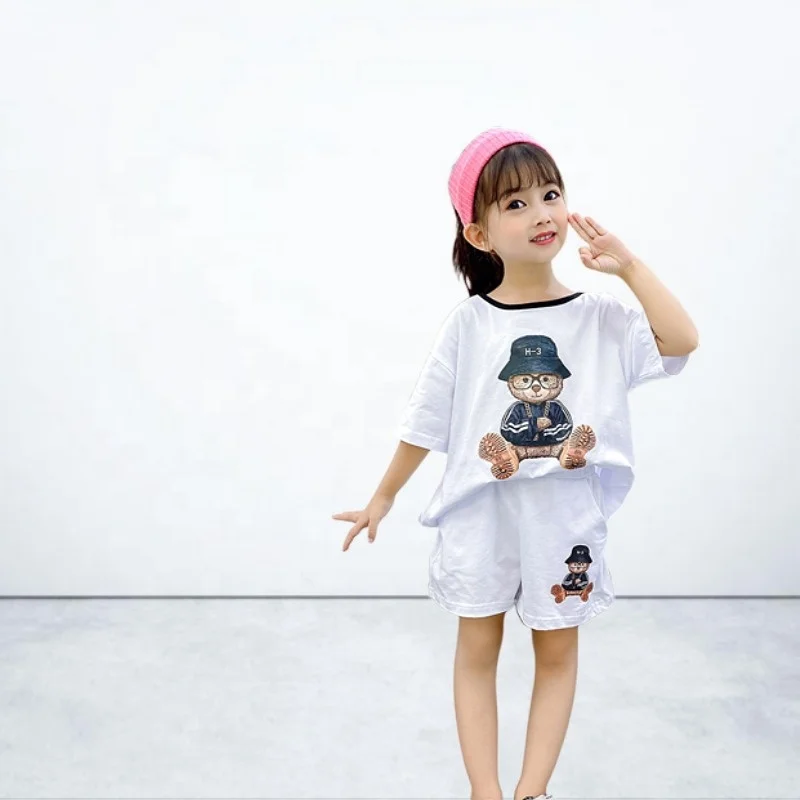 

Girls' summer set 2021 new arrival children's foreign fashion style green and white colour  cloth for kids, Green/white