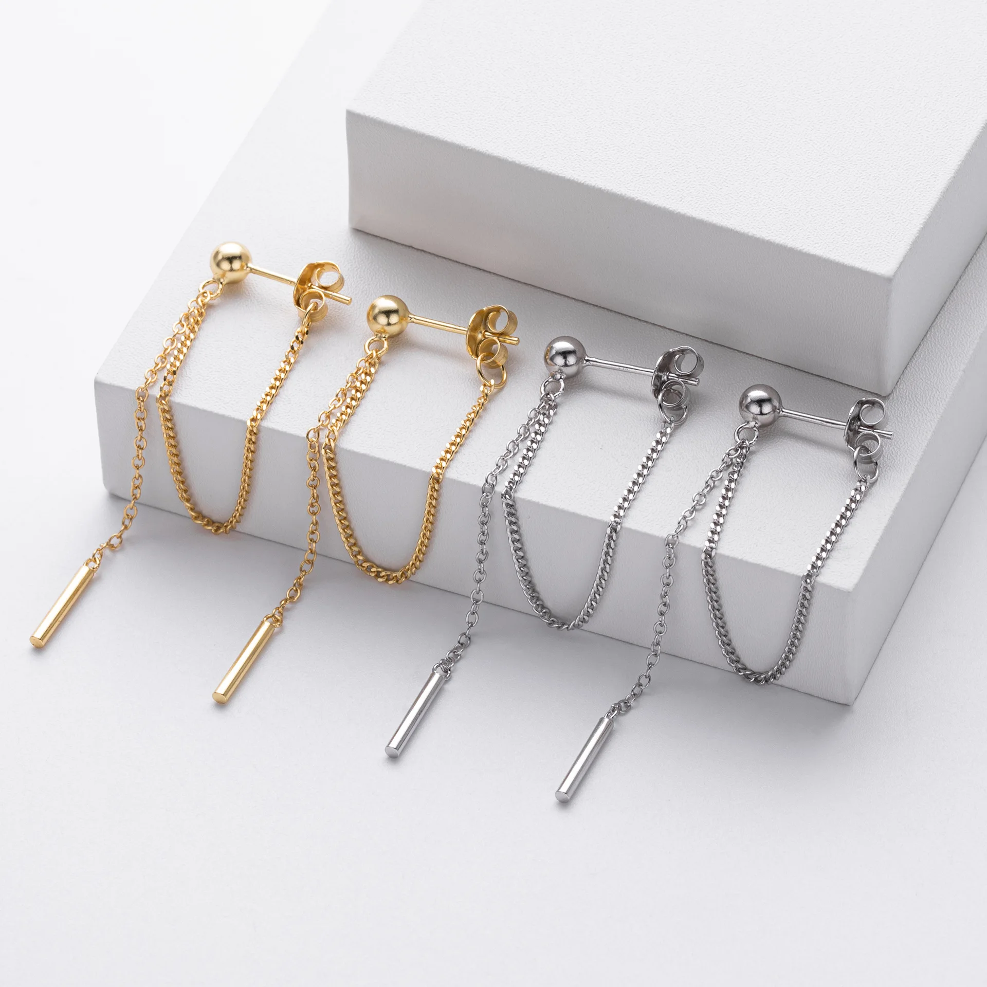 Ins Fashion 925 Silver Plain Simple Long Tassel Chain Stud Earrings Jewelry 18K Gold Plated Minimalist Stud Earrings for Women