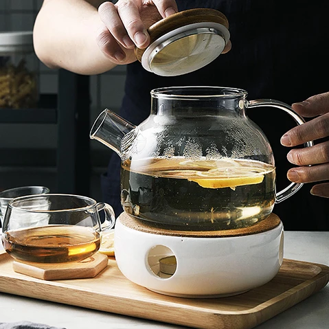 

1000 ML Hand Blown Glass Teapot Bamboo Lid, High Quality Glass Tea Kettle with Bamboo Lid and Warmer