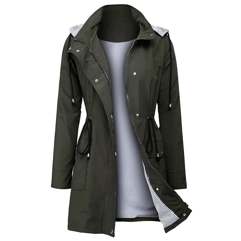 

women dress Casual hooded waist waterproof medium long ladies windbreaker rain jacket women Autumn and winter coat