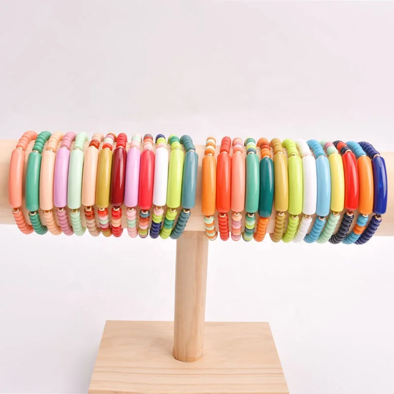 

Bohemian Western Style Jewelry Beaded Stack Bracelets Boho Colorful Acrylic Lucite Curved Tube Beads Bracelets For Women Gift, Customized color