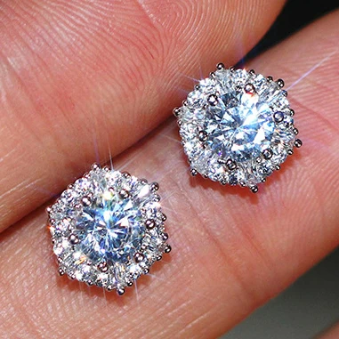 

Rhodium Plating Copper Luxury Female Crystal Hexagon Earrings Women Vintage Simple White Zircon Stud Earrings, Vintage earrings