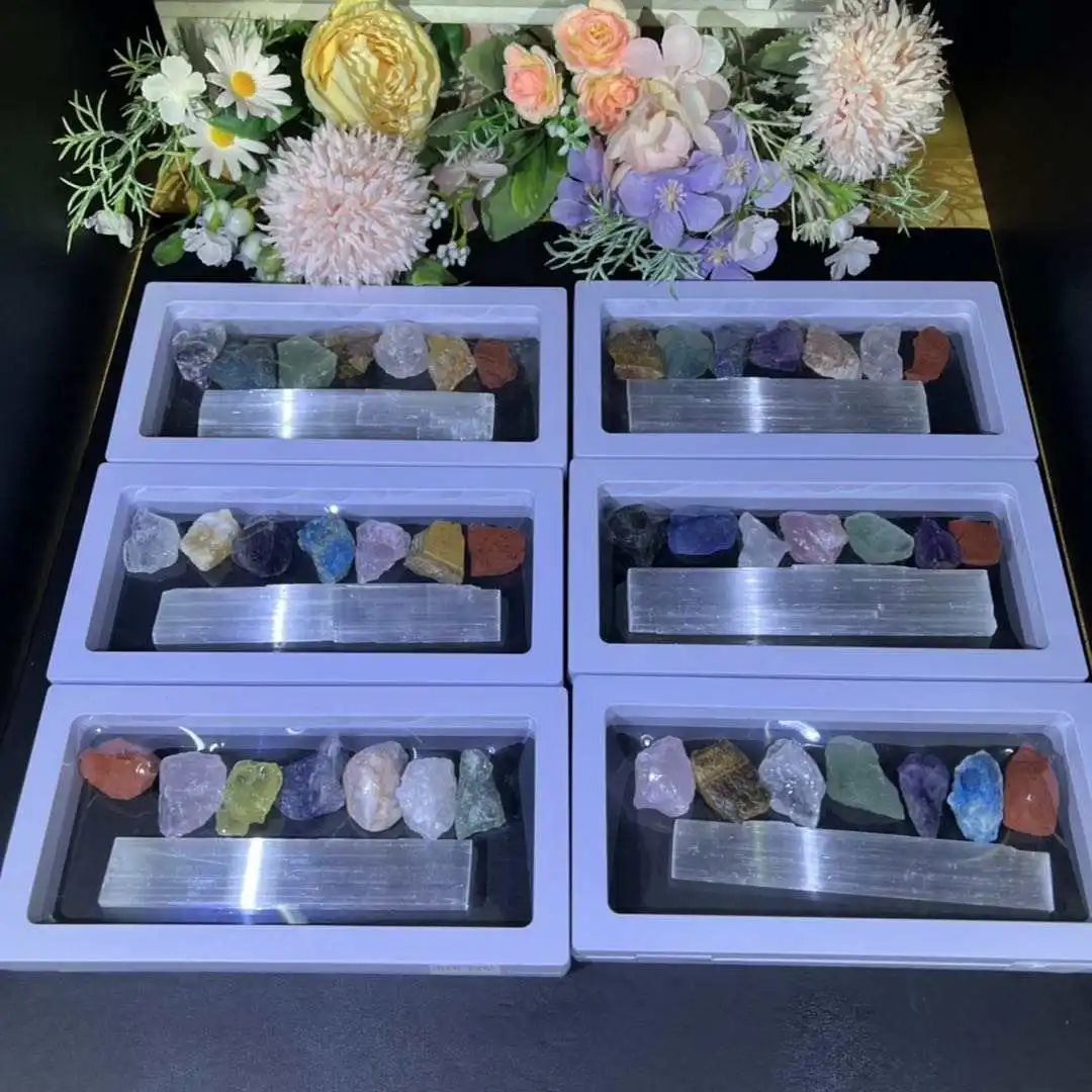 Natural  Crystal Gift Set of Seven Chakra Healing Stones Crystals in Raw Stone and Plaster Strips