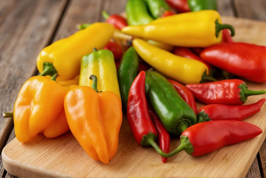 Close-up photography of mild chili peppers including bell peppers, poblanos, and Anaheims arranged on wooden cutting board