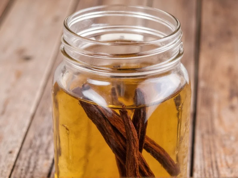 Homemade vanilla extract in mason jar with vanilla beans