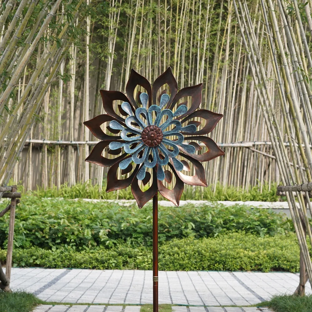

Hourpark Amazon hot selling Wind Spinner Large Double-sides Garden Decorative Metal Wind Spinner with Tail, Copper and blue