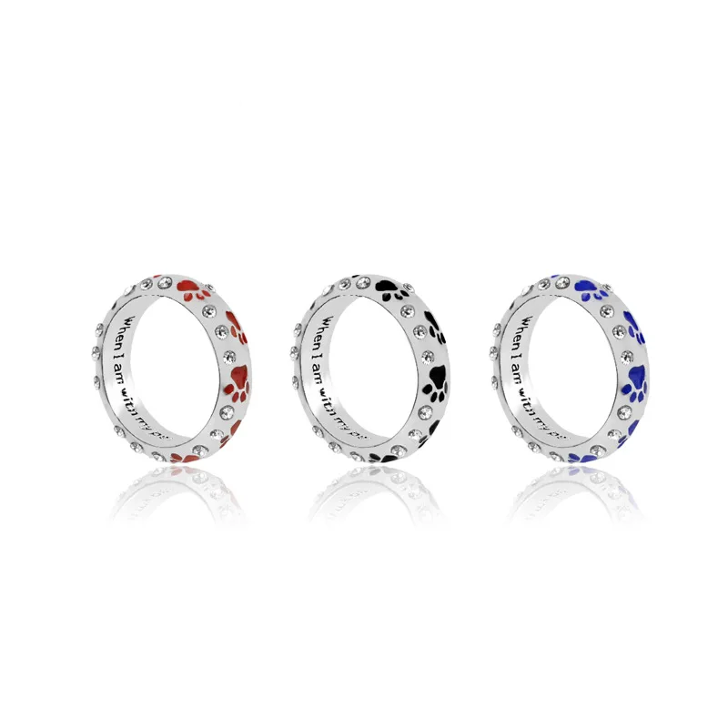 

New Design Ladies finger ring "when I am with my pet" Crystal Enamel Metal Full Finger Massage Ring, Blue,black,red