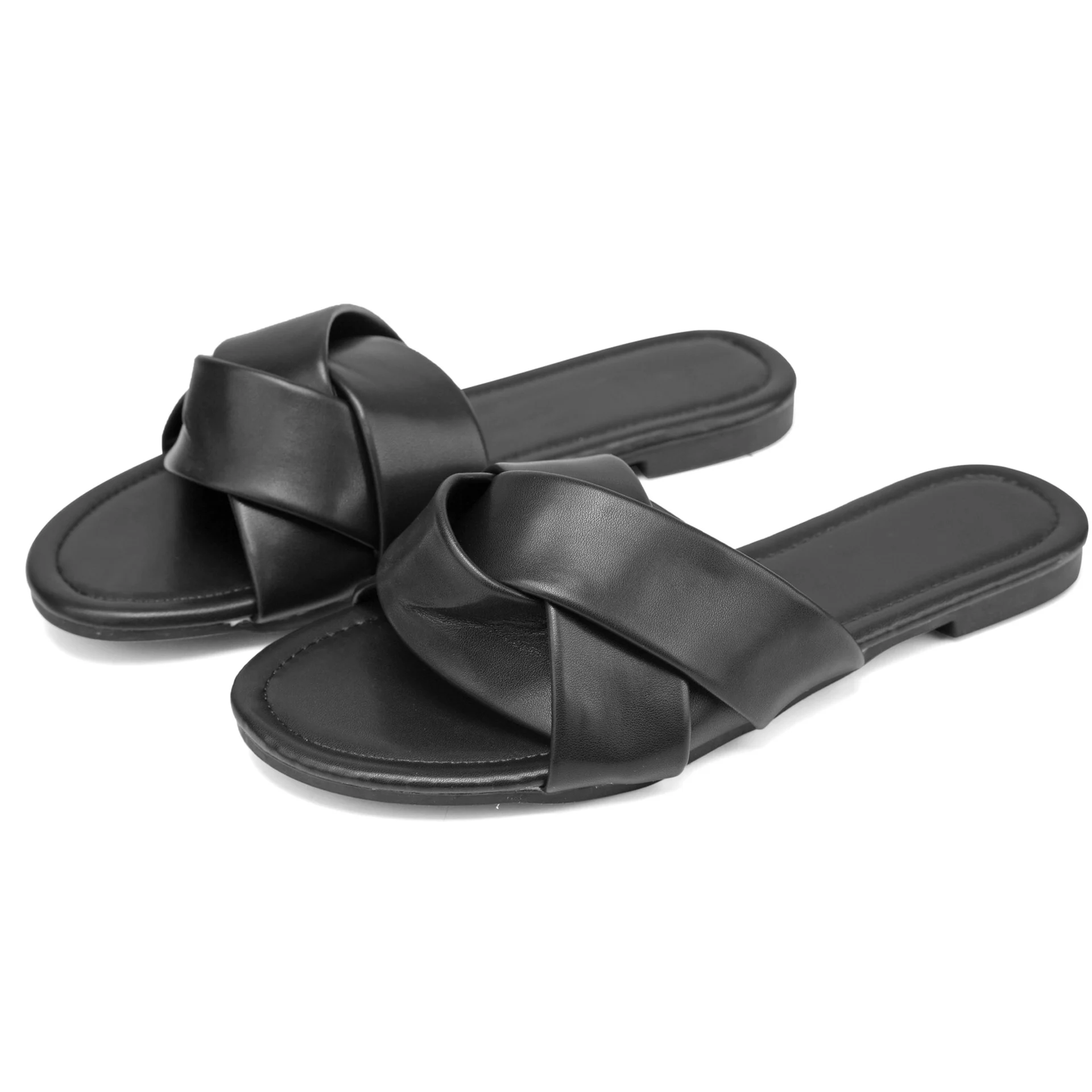

PU flat slides fashion soft black slipper comfortable outdoor sandals for women