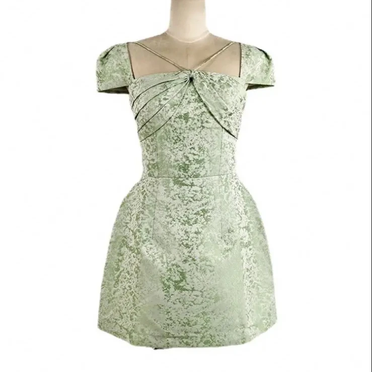 

Bettergirl In stock Vietnamese designer 2023 spring new elegant green jacquard skirt light luxury socialite style slimming dress