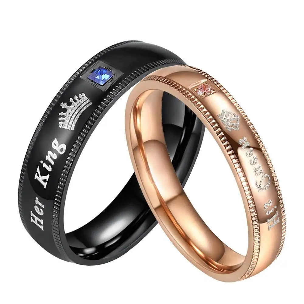 

Valentine's Day Stainless Steel Rose Gold Black King Queen Crown Couple Ring His Queen Her King Ring with Zircon for lovers
