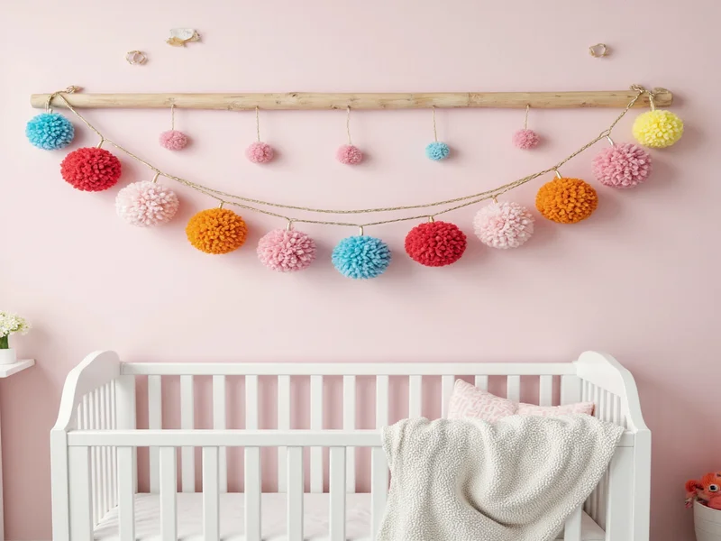 Colorful pom-pom garland hanging on nursery wall