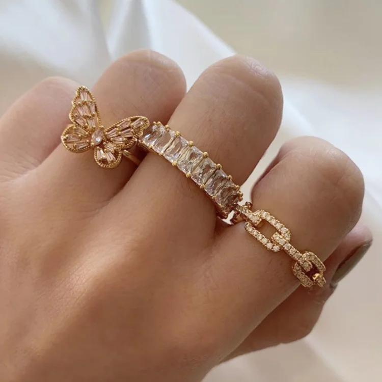 

Hip Hop Baguette Diamond Iced Out Cubic Zircon Gold Plating Finger Ring Women's Jewelry, Gold/silver