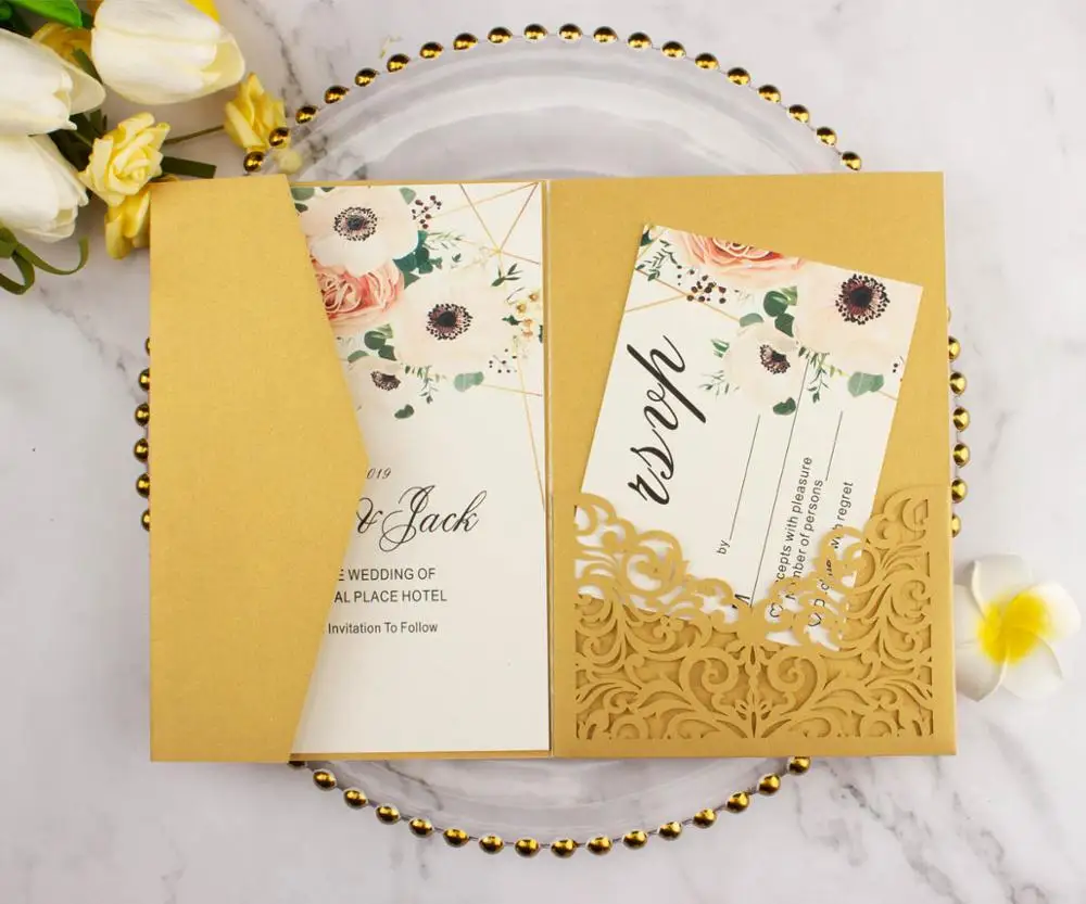 

Luxury pocket dark gold wedding invitation card Laser Cut trifold invitations greeting Cards For wedding birthday Decoration