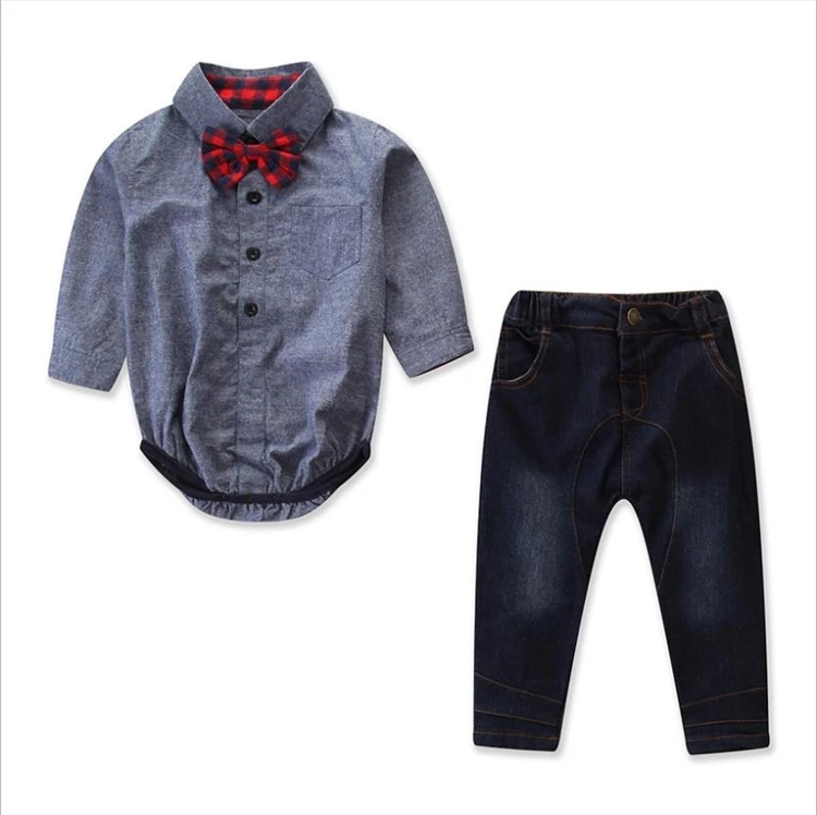 

ZHG152 2pcs/set newborn baby boy clothes gentleman grey rompers with bow + jeans baby boys clothing set, As the picture show