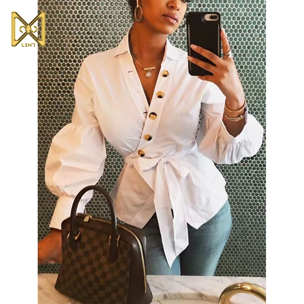 

V-neck button lantern sleeve shirt Fashion Women's Tops Long Sleeve V-neck Lantern Sleeve Button ladies Summer blouses Shirt