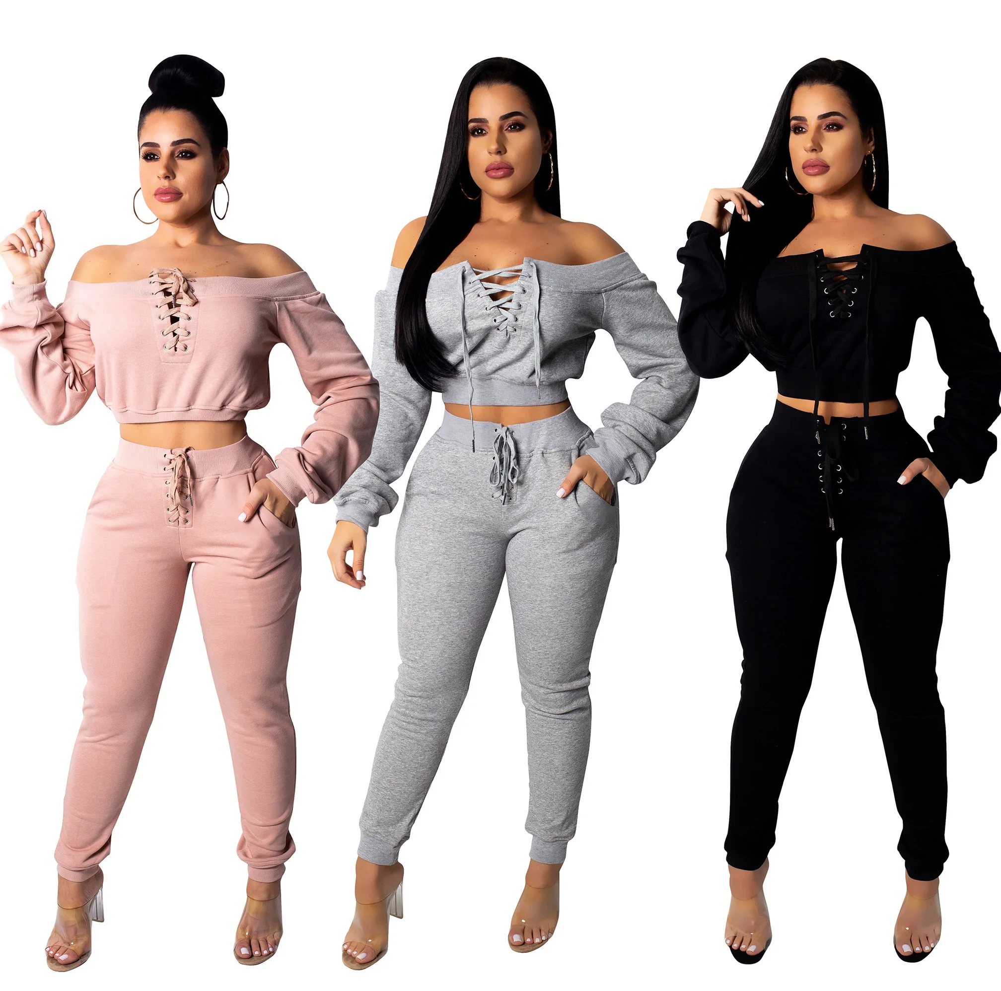 

Hot Sale Fall Outfits For Women Sweat Pants Long Sleeve Off Shoulder Top 2 Piece Pants Set, Picture