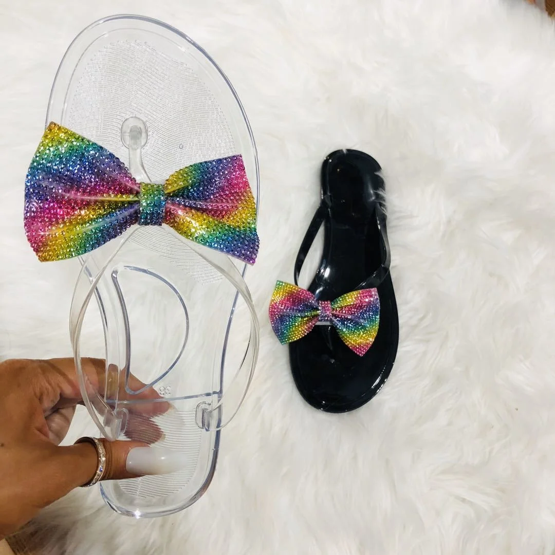 

2021 New Arrival PVC Clear Thong Toe Bow Slipper Plastic colorful Bling Bling Crystal Strap Jelly Sandals, Orange ,neon green ,brown