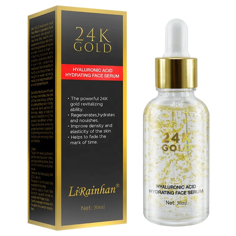 

24K Hyaluronic Acid Hydrating Serum Private Label Whitening Moisturizing Firming Anti Aging Tightening 24k Gold Face Serum, Transparent+ gold
