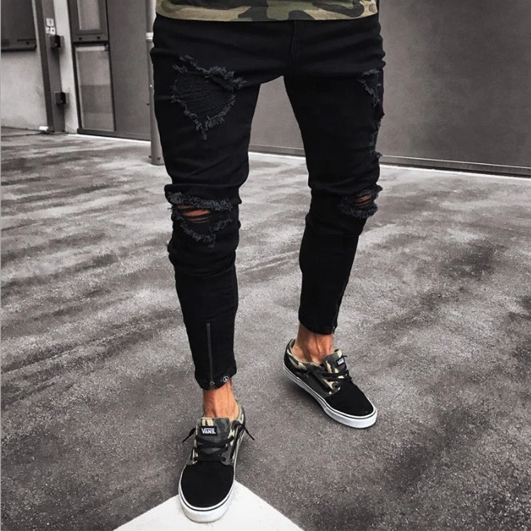 

High quality biker jeans men's black holes elastic zippers men's trousers skinny Europe and the United States tight pants