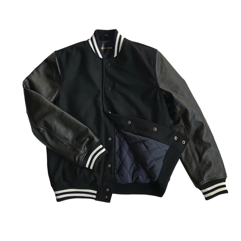 

Factory Wholesale plain men or women custom black baseball Letterman varsity jacket with leather sleeves