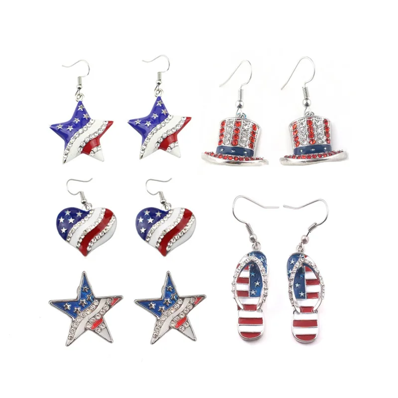 

American Flag Star Earrings 4th of July Slipper Hat Peach Heart Dangle Drop Earrings Patriotic Dangle Earring for Women Girls, As picture