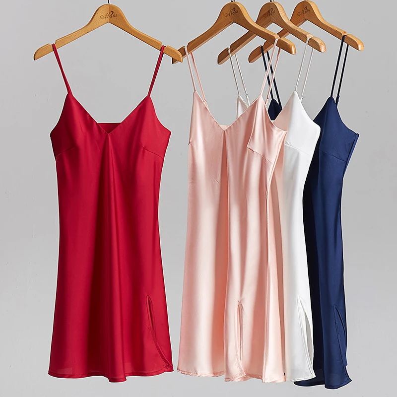 

JULY'S SONG Strap Women Sling Sexy V Neck Sleeveless Ladies Sleepdress Summer Solid Faux Silk Satin Pajamas Homewear Female, White,navy blue,red,pink,champagne