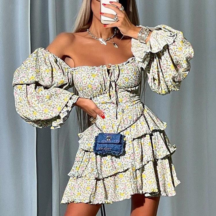Back Zip Lace-Up Layered Puff Long Sleeve Off Shoulder Women's Ruffled Dress Casual Summer Short Floral Dresses For Women