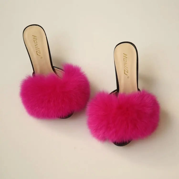 

Wholesale women fluffy high faux fox fur heels for women, Red green purple pink blue black brown