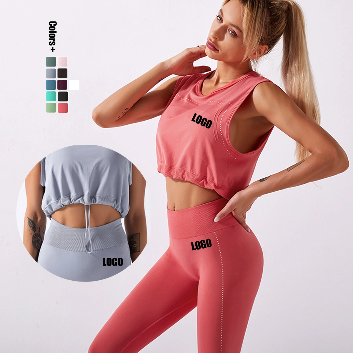 

High Waist Gym Short Sleeves Crop Top Leggings Shirts Suit Fitness Running Thin Women Seamless Yoga Sets, As pictures,or customized