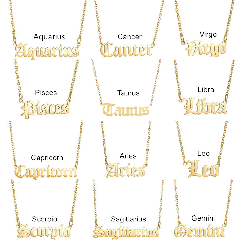 

Vintage Stainless Steel Horoscope Zodiac Sign Letter Pendant Chain Necklace For Women Jewelry Gift, 18k gold plate