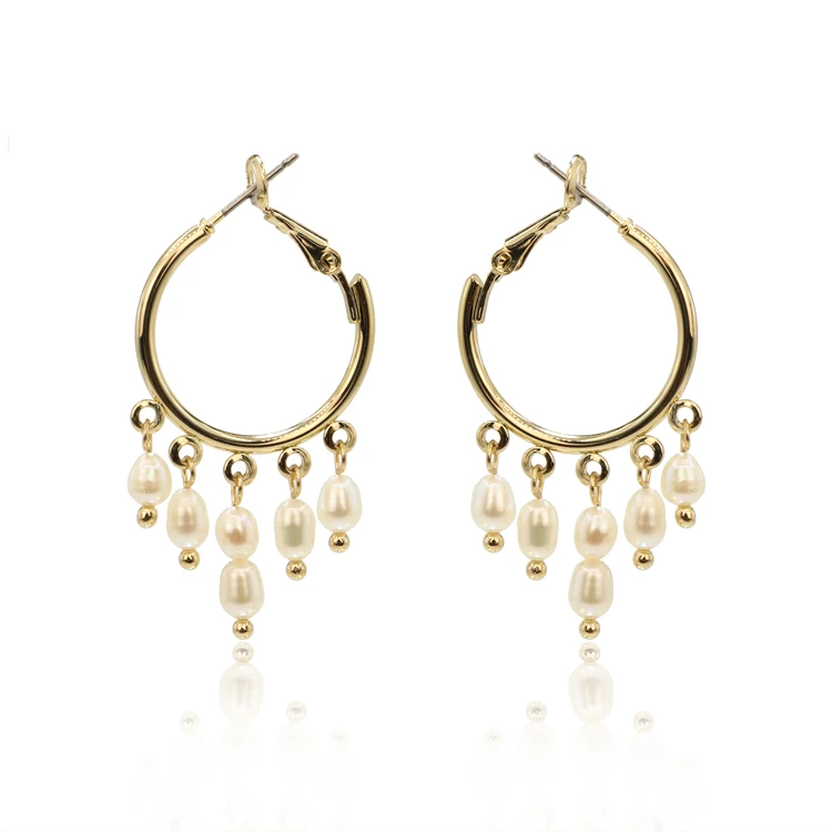 

BXY Fashion Jewelry 14k Gold Plated Freshwater Pearl Tassel Hoop Earrings For Women