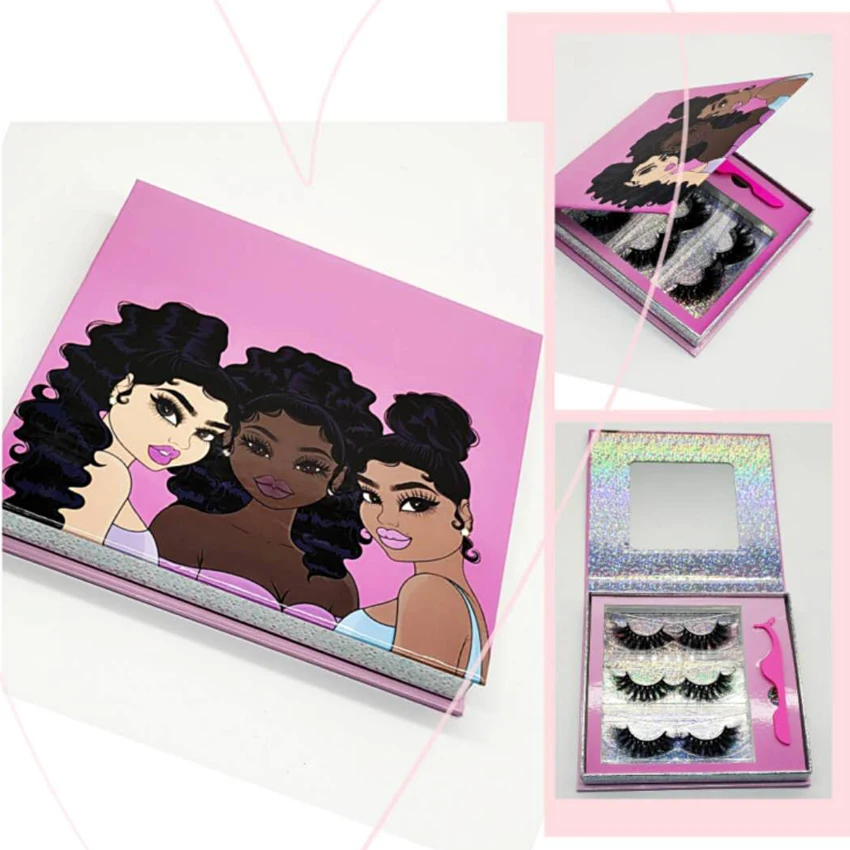 

Private Label Pink Mirror false eyelash packaging box 3 pairs eyelashes set lashes boxes packaging with tweezers, Mixed