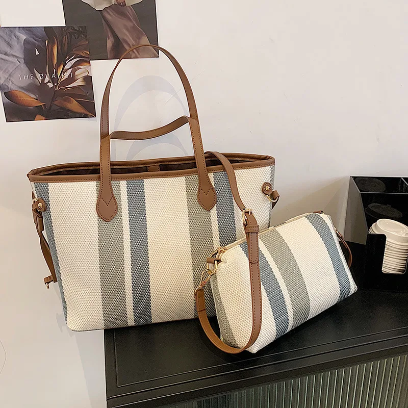 

canvas tote bag 2021 new arrivals fashion 2 in 1 shoulder messenger bags 2pcs handbag sets tote hand bags for women, White, khaki, black, brown