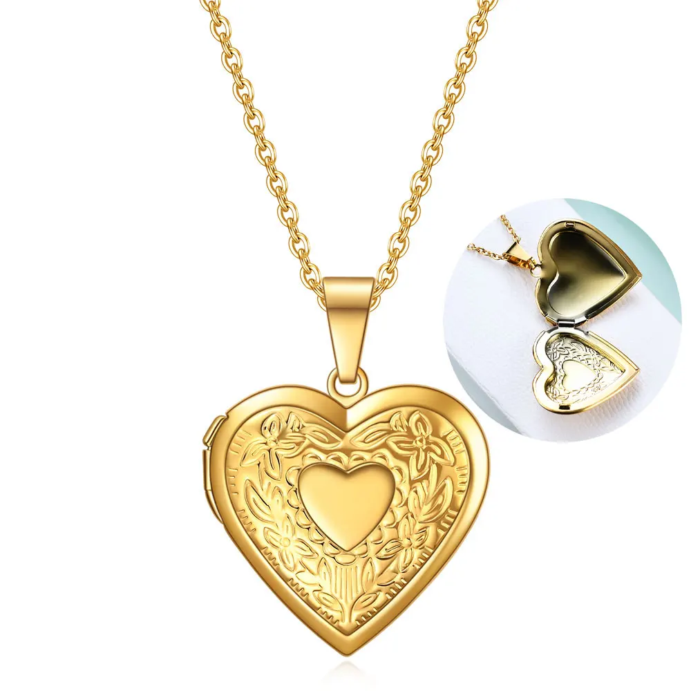 

Openable Locket Pendant Frame Necklace Women Stylish Toggle Clasp Open Stainless Steel Photo Heart Necklaces With Flower Design