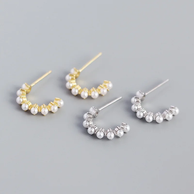 

European Exaggerated S925 Sterling Silver Geometric Hoop Earrings Elegant Gold Plated Pearl C Shape Stud Earrings for Women
