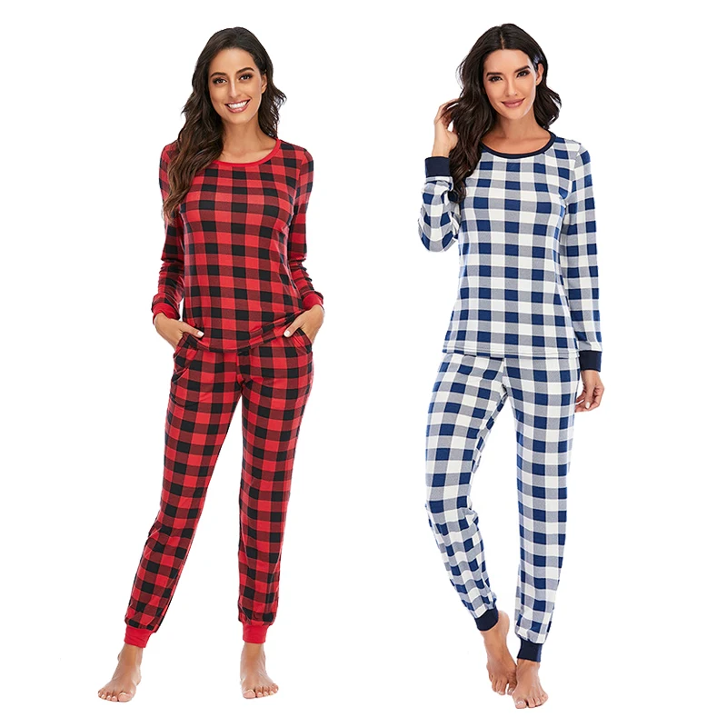 

JULY'S SONG Casual Plaid Female Loungewear Long Sleeved Family Matching Pajamas Sets Spring Fall Women's Christmas Sleepwear, Gray;red;navy blue