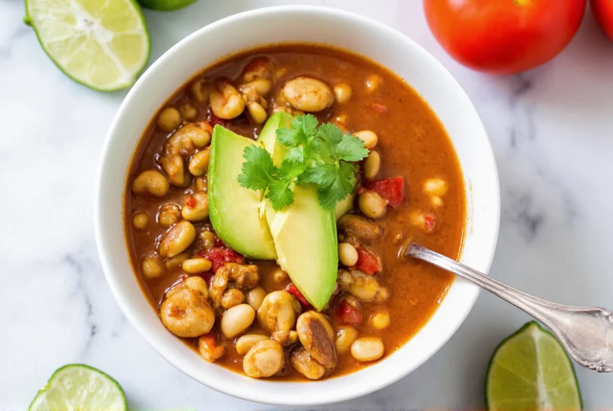 Finished white bean chicken chili served in bowl with avocado slices and cilantro garnish