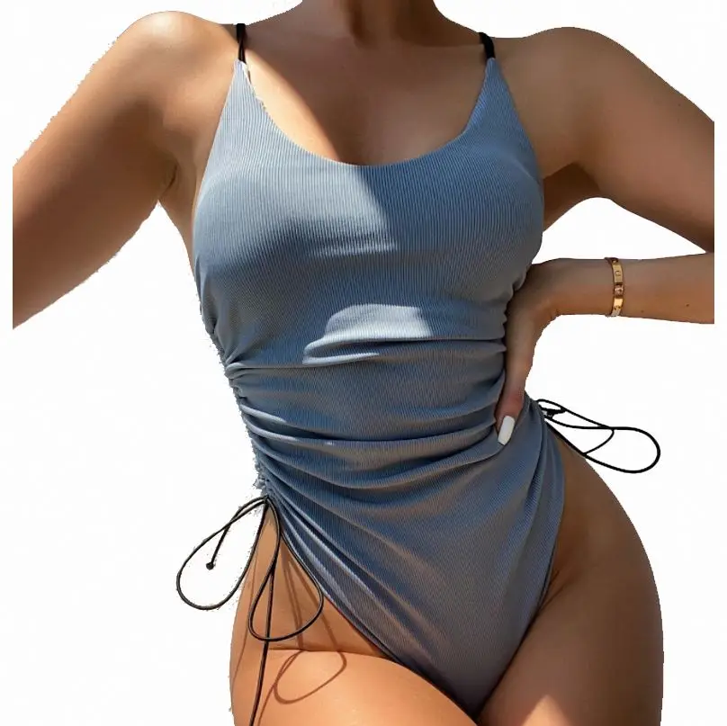 

2022 swimsuits sexy bikini women Gray drawstring swimwear one piece bathing suit, Accept customized