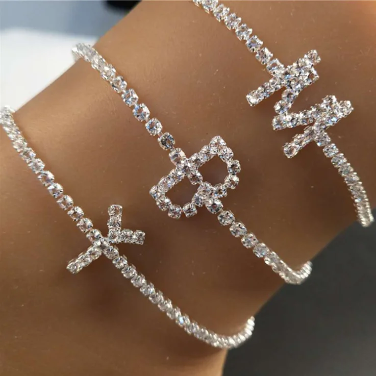 

2020 new gold Antique Capital silver plated alphabet 26 English letters initial diamond anklet ankle bracelet for women, Colorful