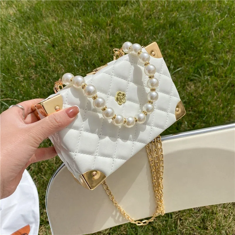 

2022 Korean Version Of The New Embroidered Thread Box Bag Ladies Diamond Chain Bag Pearl Hand-held Twill Small Square Bag