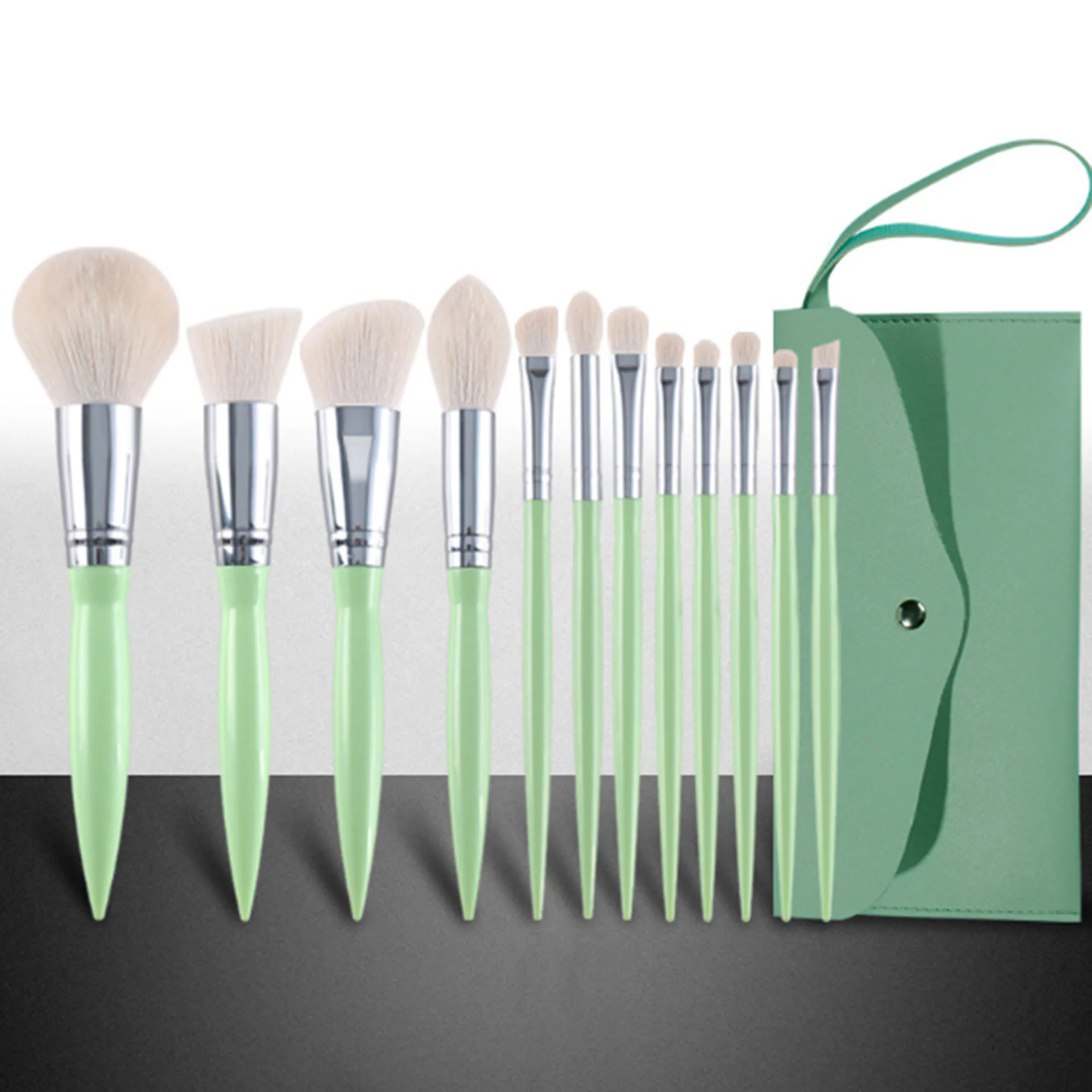 

New Coming 12pcs green makeup brush set with OPP bag or PU bag ready stock now own private label makeup set