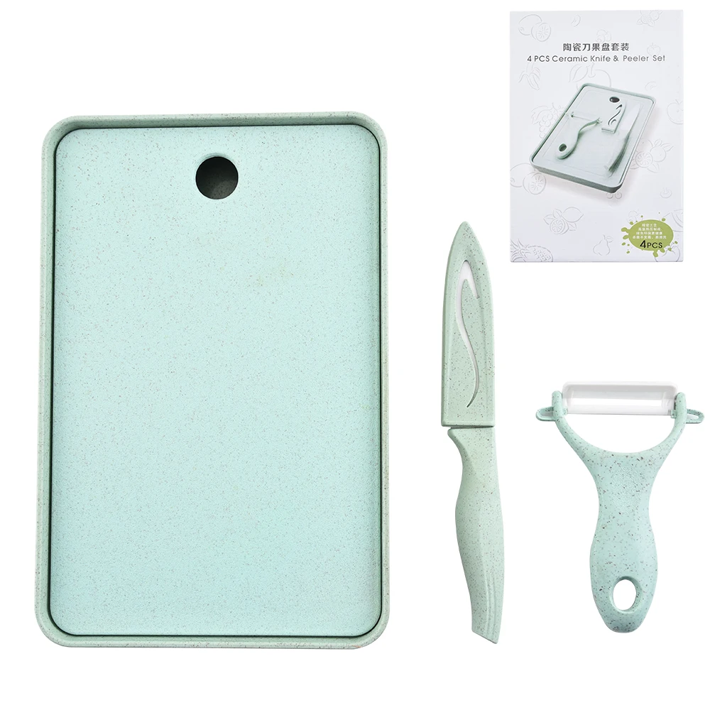 
Eco wheat straw 4piece plastic cutting board set with knife,peeler and tray 