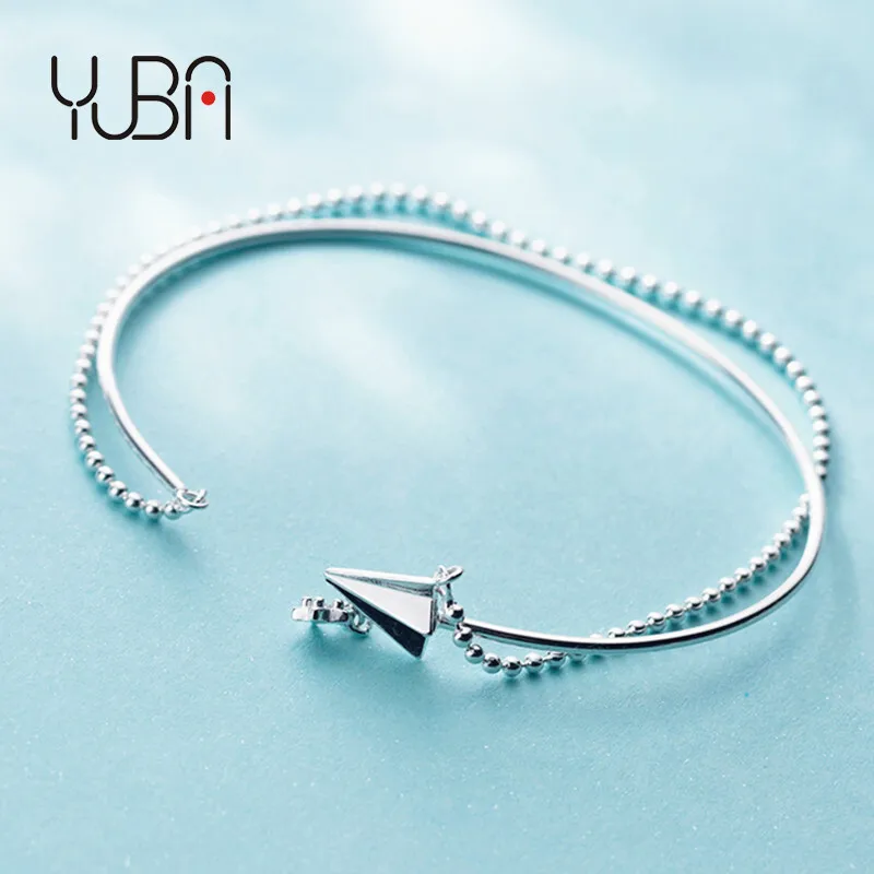 

Origami Art Jewelry S925 Sterling Silver Plated Beaded Open Bangle Shaped Paper Airplane Beads Chain Cuff Bracelet For Gift