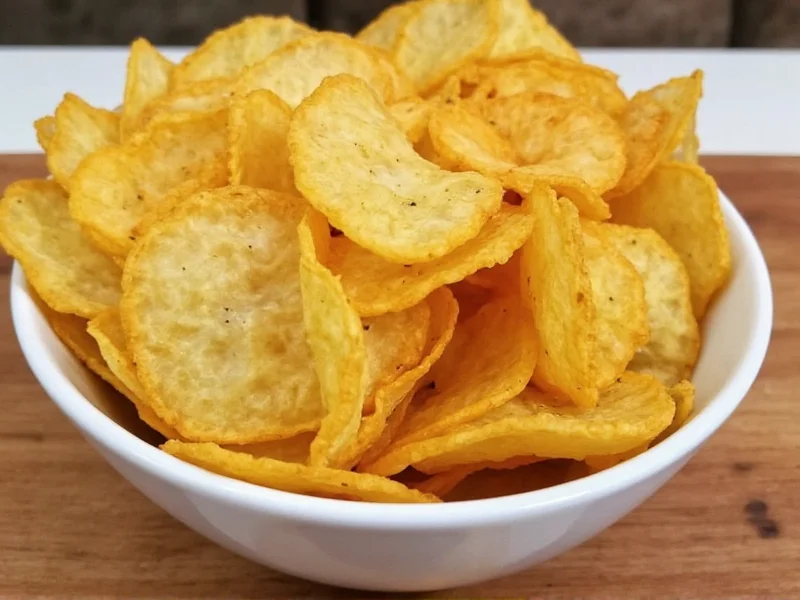 Golden homemade potato chips in bowl with seasoning